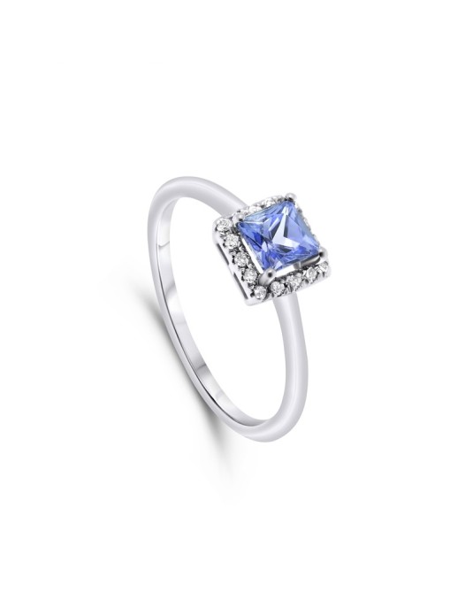 Anello Halo Tanzanite Princess in Oro Bianco