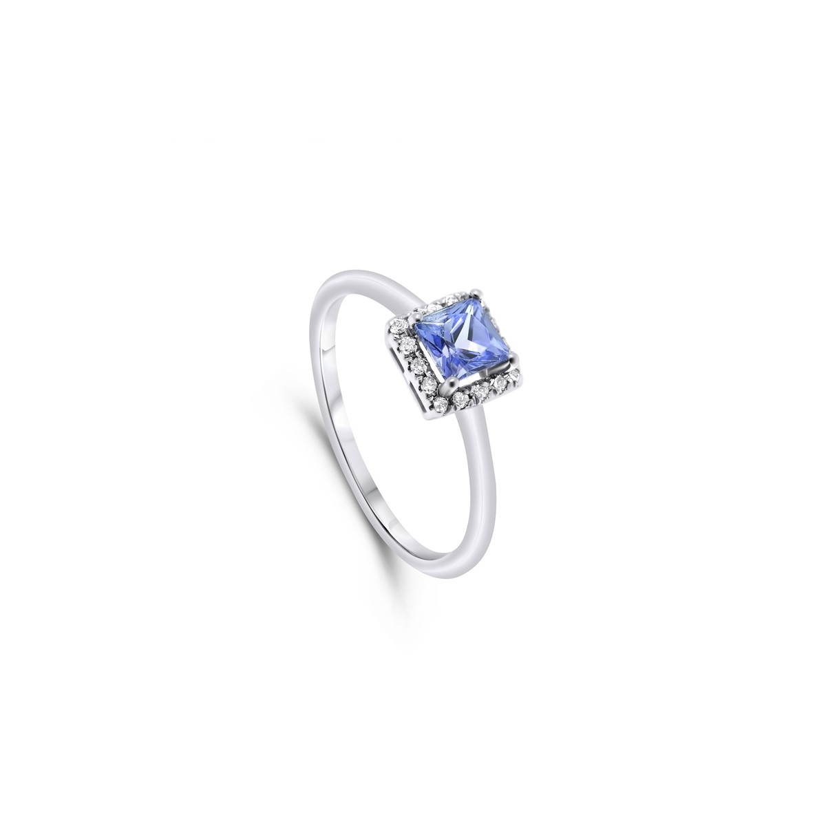 Anello Halo Tanzanite Princess in Oro Bianco