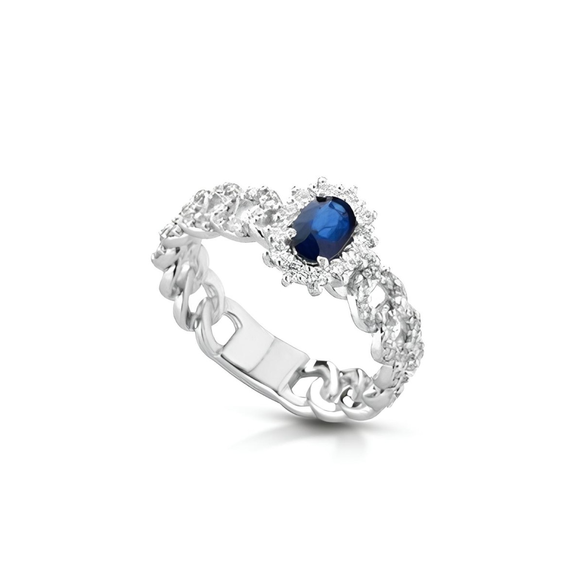 Anello Catena di Diamanti con Zaffiro Blu Centrale SG06454