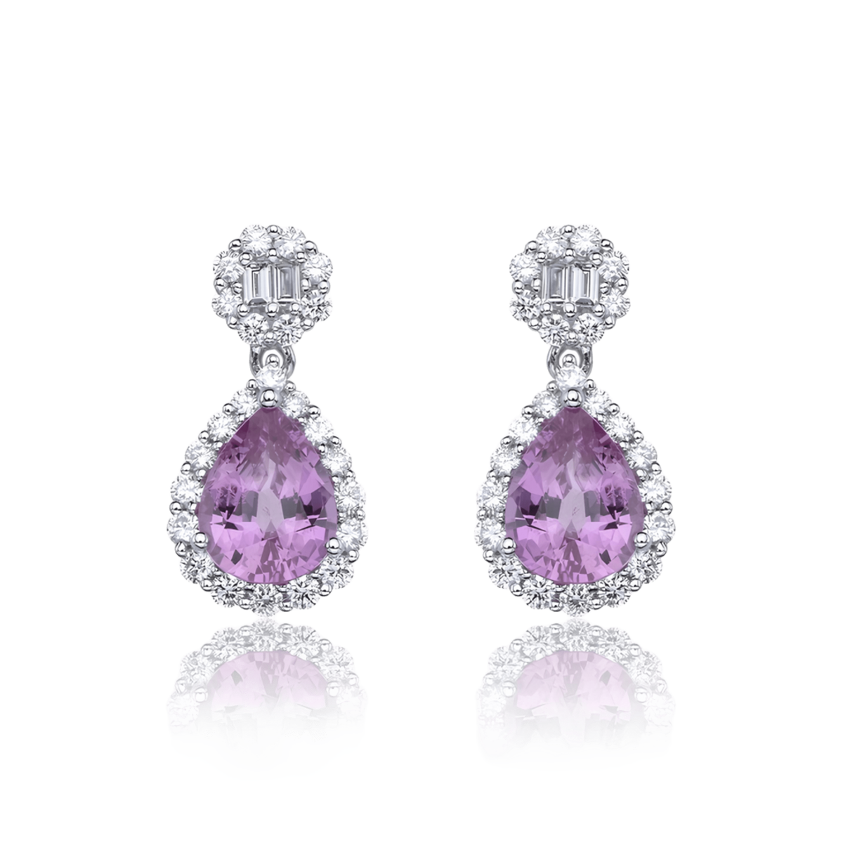 Orecchini Gocce di Rosa in Oro Bianco 18k con Zaffiri Rosa e Diamanti