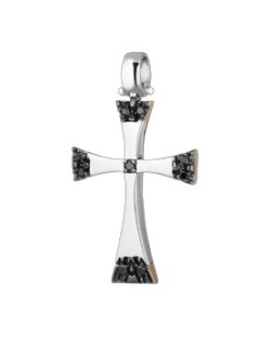 PENDENTE CROCE IN ORO BIANCO 18 K CON DIAMANTI NERI NATURALI