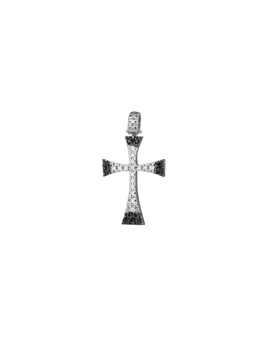 PENDENTE CROCE IN ORO BIANCO 18 K CON DIAMANTI NATURALI E DIAMANTI NERI