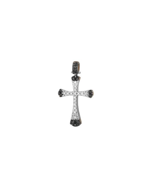 PENDENTE CROCE IN ORO BIANCO 18 K CON DIAMANTI NATURALI E DIAMANTI NERI