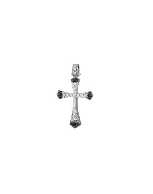 PENDENTE CROCE IN ORO BIANCO 18 K CON DIAMANTI NATURALI E DIAMANTI NERI