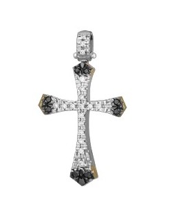 PENDENTE CROCE IN ORO BIANCO 18 K CON DIAMANTI NATURALI E DIAMANTI NERI