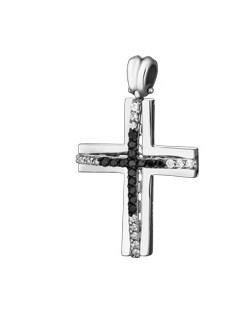PENDENTE CROCE IN ORO BIANCO 18 K CON DIAMANTI NATURALI E DIAMANTI NERI