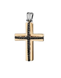 PENDENTE CROCE IN ORO GIALLO 18 K CON DIAMANTI NERI NATURALI