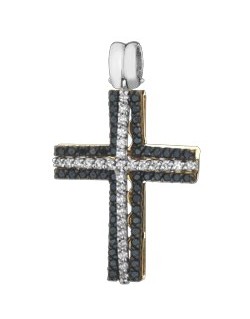 PENDENTE CROCE IN ORO BIANCO 18 K CON DIAMANTI NATURALI E DIAMANTI NERI
