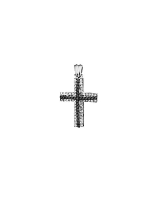PENDENTE CROCE IN ORO BIANCO 18 K CON DIAMANTI NATURALI E DIAMANTI NERI
