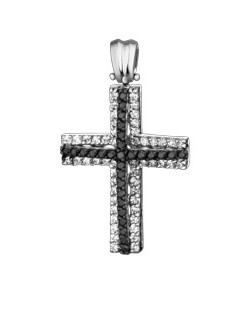 PENDENTE CROCE IN ORO BIANCO 18 K CON DIAMANTI NATURALI E DIAMANTI NERI