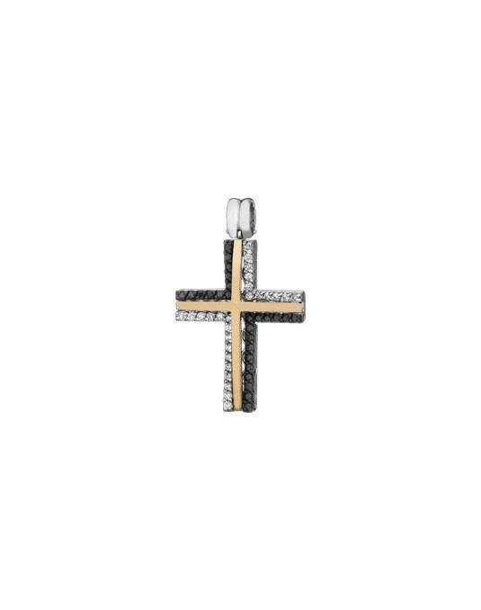 PENDENTE CROCE IN ORO GIALLO 18 K CON DIAMANTI NATURALI E DIAMANTI NERI