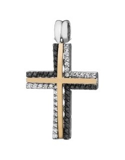 PENDENTE CROCE IN ORO GIALLO 18 K CON DIAMANTI NATURALI E DIAMANTI NERI