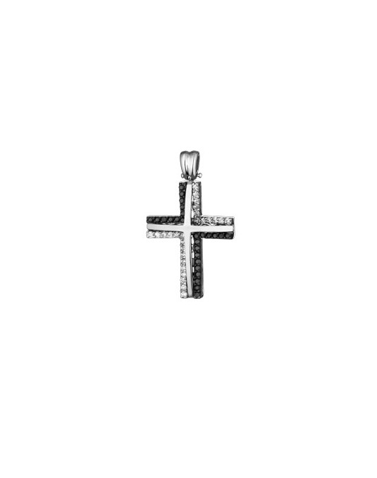 PENDENTE CROCE IN ORO BIANCO 18 K CON DIAMANTI NATURALI E DIAMANTI NERI