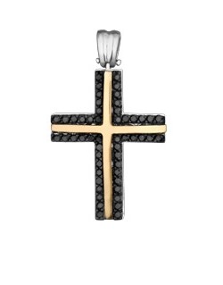 PENDENTE CROCE IN ORO GIALLO 18 K CON DIAMANTI NERI NATURALI