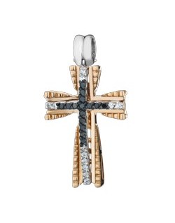 PENDENTE CROCE IN ORO GIALLO 18 K CON DIAMANTI NATURALI E DIAMANTI NERI
