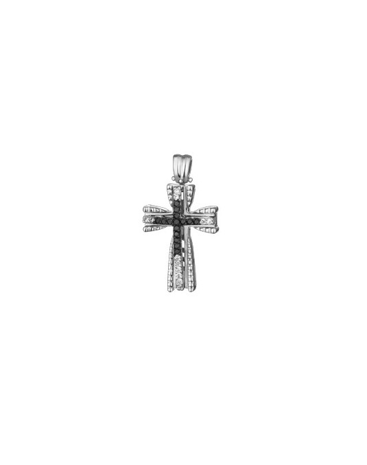 PENDENTE CROCE IN ORO BIANCO 18 K CON DIAMANTI NATURALI E DIAMANTI NERI