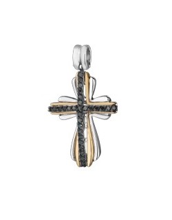 Pendente croce Tsu in oro bianco 18k con diamanti naturali e diamanti neri