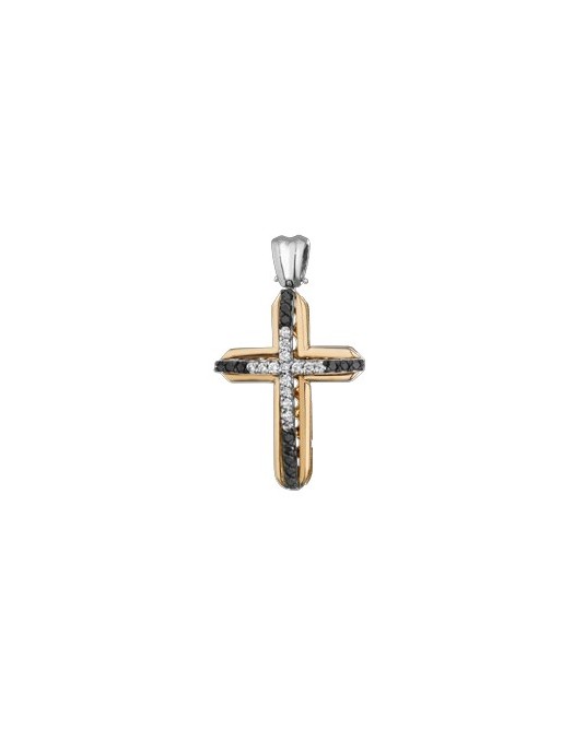 PENDENTE CROCE IN ORO GIALLO 18 K CON DIAMANTI NATURALI E DIAMANTI NERI