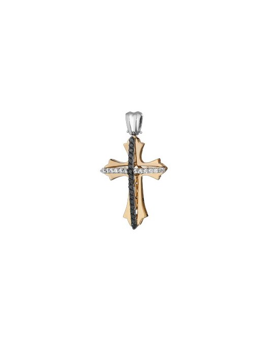 PENDENTE CROCE IN ORO GIALLO 18 K CON DIAMANTI NATURALI E DIAMANTI NERI