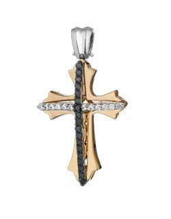 PENDENTE CROCE IN ORO GIALLO 18 K CON DIAMANTI NATURALI E DIAMANTI NERI