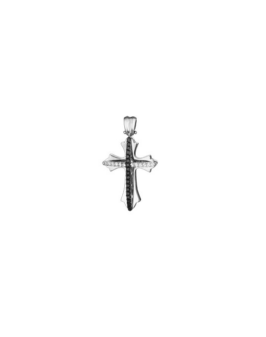 PENDENTE CROCE IN ORO BIANCO 18 K CON DIAMANTI NATURALI E DIAMANTI NERI