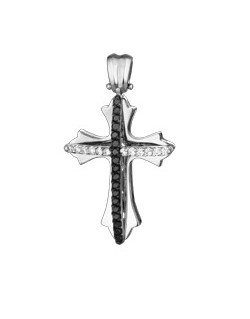PENDENTE CROCE IN ORO BIANCO 18 K CON DIAMANTI NATURALI E DIAMANTI NERI