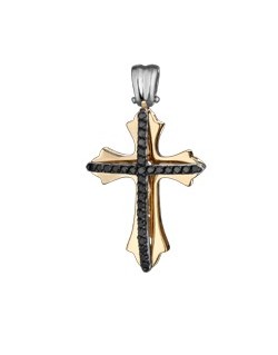 PENDENTE CROCE IN ORO GIALLO 18 K CON DIAMANTI NERI NATURALI
