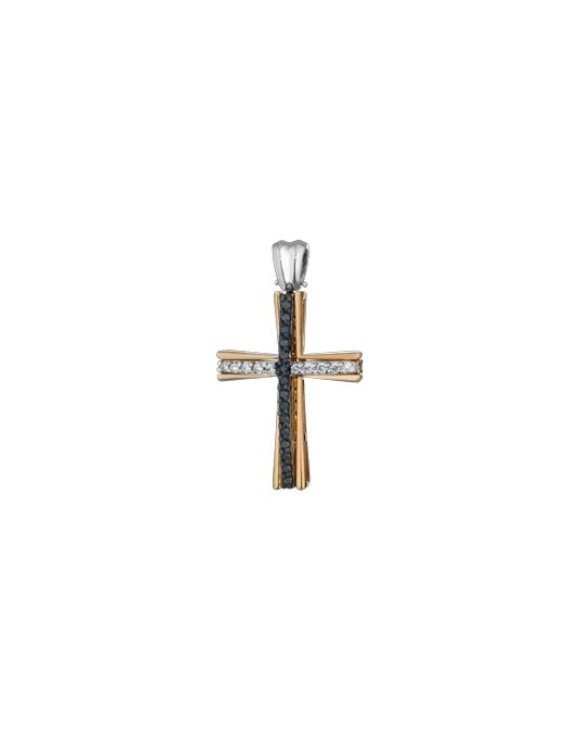 PENDENTE CROCE IN ORO GIALLO 18 K CON DIAMANTI NATURALI E DIAMANTI NERI