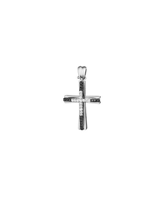 PENDENTE CROCE IN ORO BIANCO 18 K CON DIAMANTI NATURALI E DIAMANTI NERI
