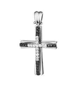 PENDENTE CROCE IN ORO BIANCO 18 K CON DIAMANTI NATURALI E DIAMANTI NERI